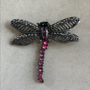 Vintage Dragonfly Brooch Pink Rhinestones Brooch Pin retriculsting  tail 3” wide